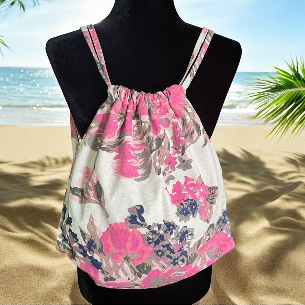 💖 Floral Cotton Drawstring Backpack • Lightweight & Beachy 💖
